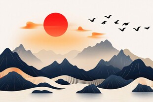 日出山川鸟飞云霞