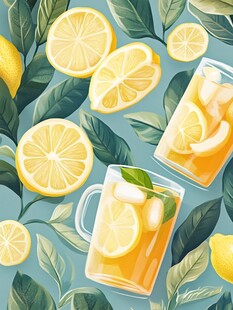 夏日清爽 柠檬茶与绿叶共舞