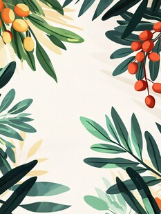 热带水果与绿叶的艺术插画