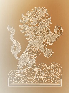 金色背景上的白色线条狮子图案