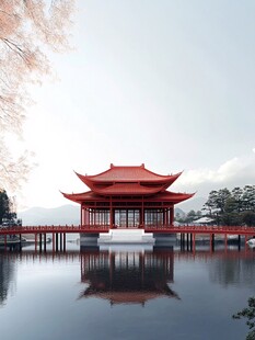 红色中国亭子 湖边