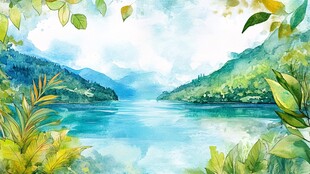 翠绿的湖山风景