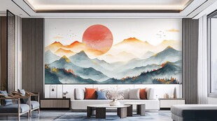 日出山水画风格客厅壁画