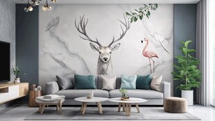 现代风格客厅 鹿与火烈鸟主题墙纸