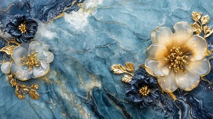 蓝色大理石上的金色花卉装饰