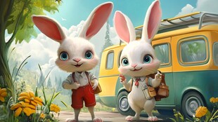 两只可爱的兔子在公交车前