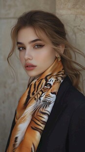 老虎印花围巾的优雅女性