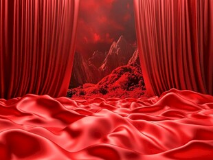 红色窗帘下的山景