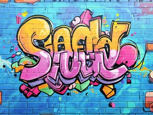 彩色砖墙上的涂鸦艺术