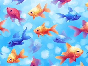 彩色金鱼在蓝色水面上游动