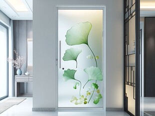 绿色玻璃门上的银杏叶图案