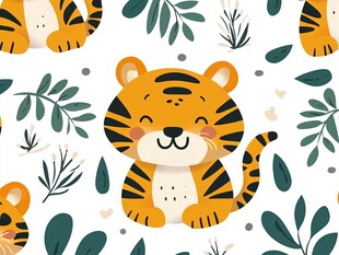 可爱小老虎与植物的无缝图案