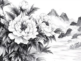 盛开的山水画中的牡丹