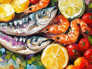 海鲜与柠檬的绘画