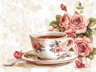 复古茶杯与玫瑰花束
