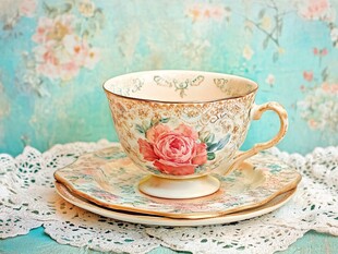 复古茶杯与花卉背景