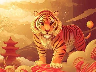 老虎守护着东方的神秘宝塔