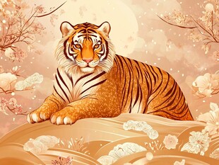 老虎与花卉的宁静之美