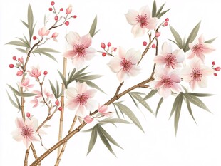 春日里 桃花与竹叶共舞