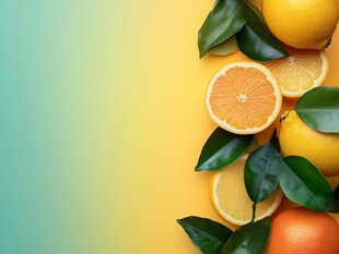 柠檬橙子与绿叶 背景由蓝绿渐变到黄色