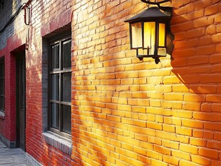 阳光下的红砖墙与复古灯笼