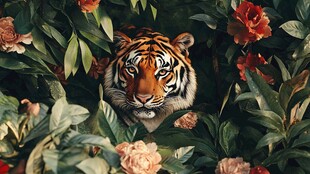 老虎在花丛中