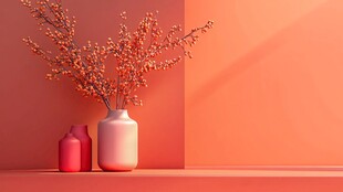 橙色花瓶与植物的静物画