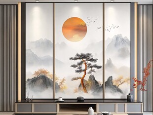 山水画中的松树和太阳