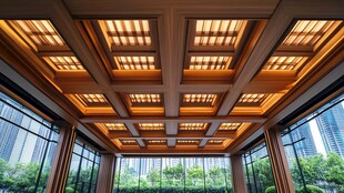 现代建筑内部的木质吊顶和玻璃墙