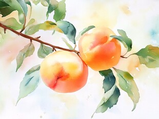 水彩画中的桃子与叶子