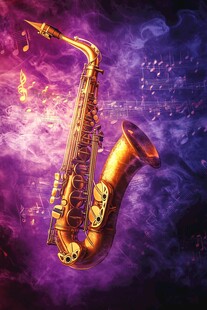 金色萨克斯管与紫色音符的梦幻交响