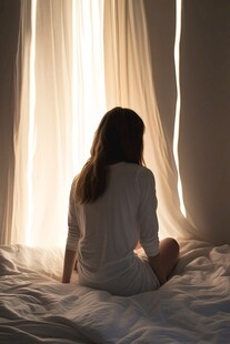 女子坐在床上 阳光透过窗帘洒下