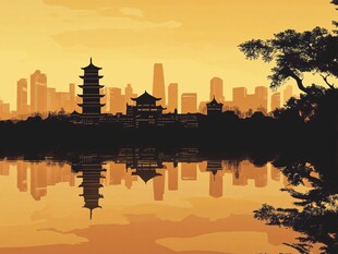 夕阳下的城市天际线与传统建筑倒影