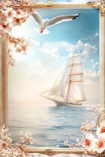 海鸥飞翔 帆船行驶 花朵环绕
