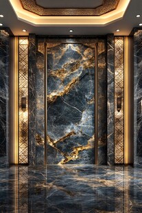 豪华大堂的 marble 和 gold 装饰