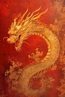 金龙腾空于红色背景