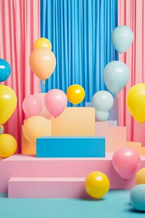 五彩缤纷的气球与几何舞台