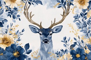 鹿与蓝色花卉的宁静之美