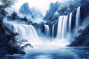 山水画中的瀑布与宝塔