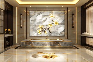 豪华浴室内饰 金色花卉图案 现代设计