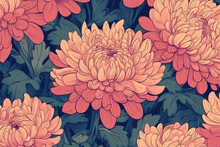 橙色菊花与绿叶的图案