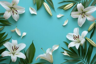 百合花与绿叶在蓝色背景上的平铺排列