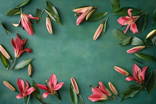 绿色背景上的百合花布局