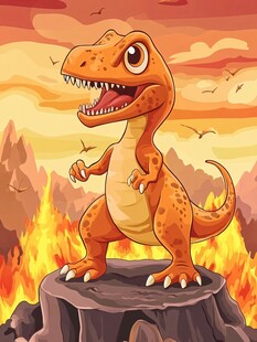 火山背景中的卡通恐龙