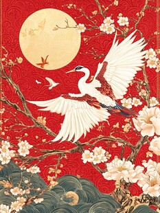 红月白鹤花枝头