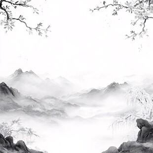 山水画中的梅花与山脉