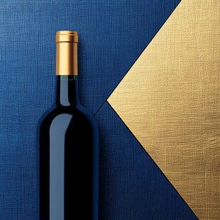 优雅的金蓝色背景下的葡萄酒瓶