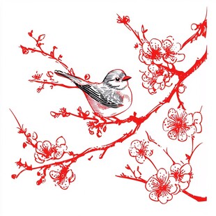 红色剪纸艺术之鸟与梅花
