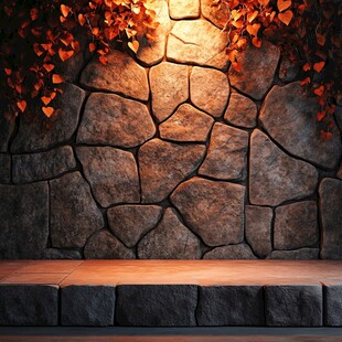 秋日石墙与木质平台