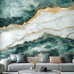 绿色大理石与金色纹理的室内设计